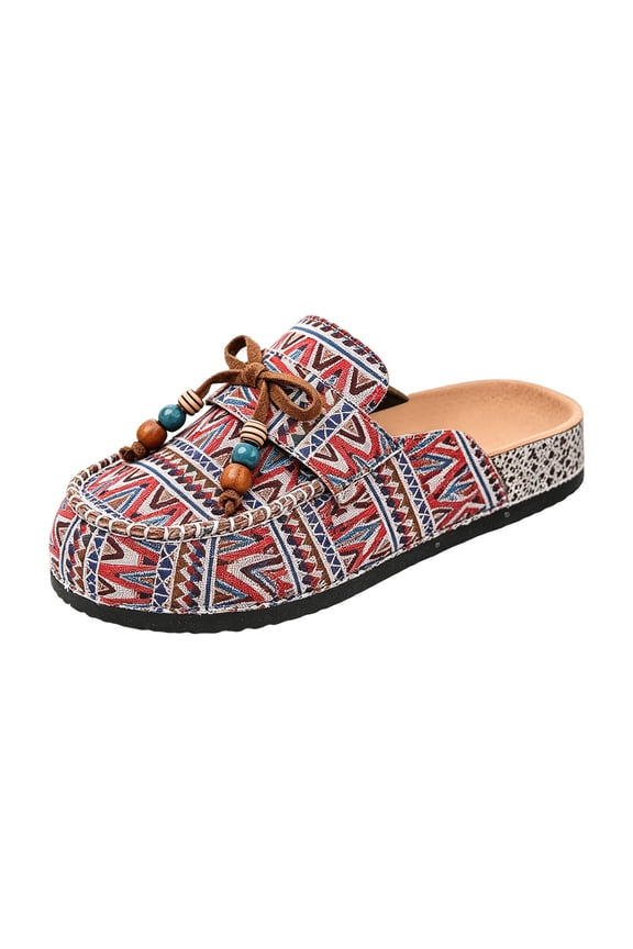 Women's Ethnic Mules Bow Beaded Wide Toe Box Backless Dress Shoes Slip On Platform Cork Footbed Walking Slides Red Size 7