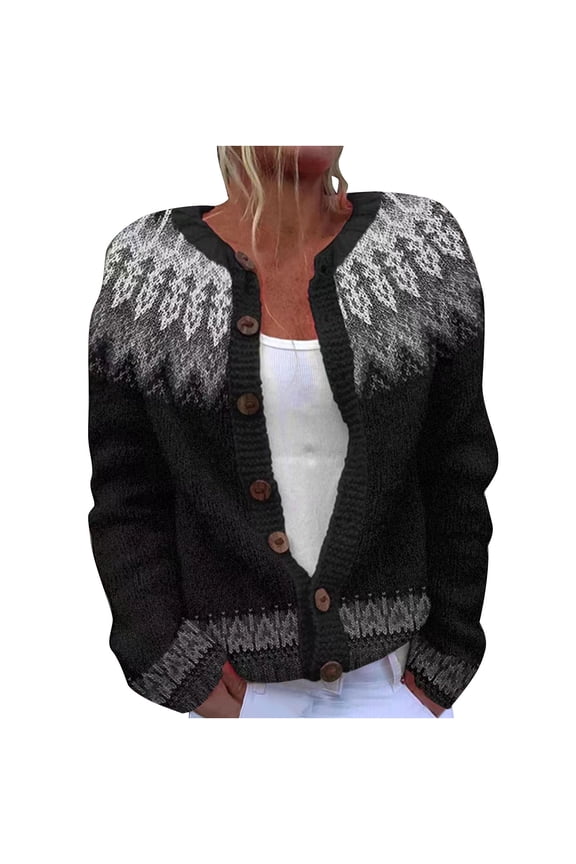 Women's Ethnic Pattern Knit Cardigan Crew Neck Loose Long Sleeve Button-Front Sweater Soft Acrylic Ethnic Style Open-Front Top