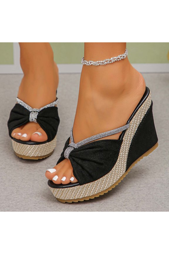 Women's Ethnic Style Bohemian Woven Wedge Heel Open Toe Sandals Platform Sole Slide Mules Non-Slip Breathable Comfortable Lightweight Oversized Summer Outdoor Walking Casual Shoes Black 36