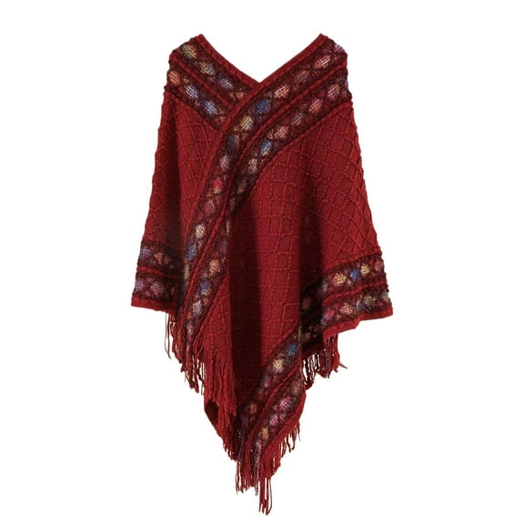 Women's Ethnic Style Diamond Pattern Pullover Poncho, Winter Warm Tassel Shawl Cape with Fringe, Versatile Travel Wrap for Various Occasions, Fashionable Bohemian Outerwear for Women - Red