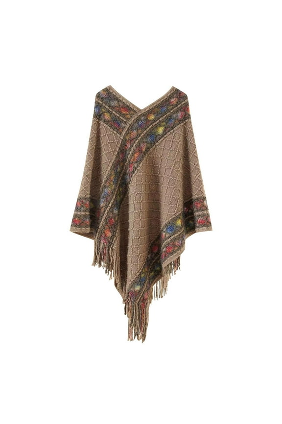Women's Ethnic Style Diamond Pattern Pullover Poncho, Winter Warm Tassel Shawl Cape with Fringe, Versatile Travel Wrap for Various Occasions, Fashionable Bohemian Outerwear for Women - Khaki