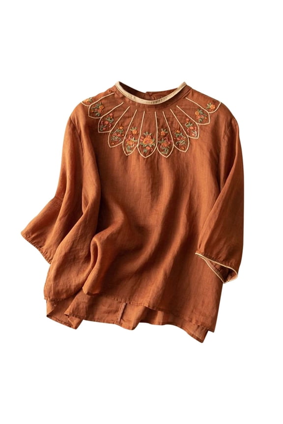 Women's Ethnic Style Linen Top - Vintage Color Block, Embroidery, 3/4 Sleeve, Loose Fit, Summer Casual Festival Wear