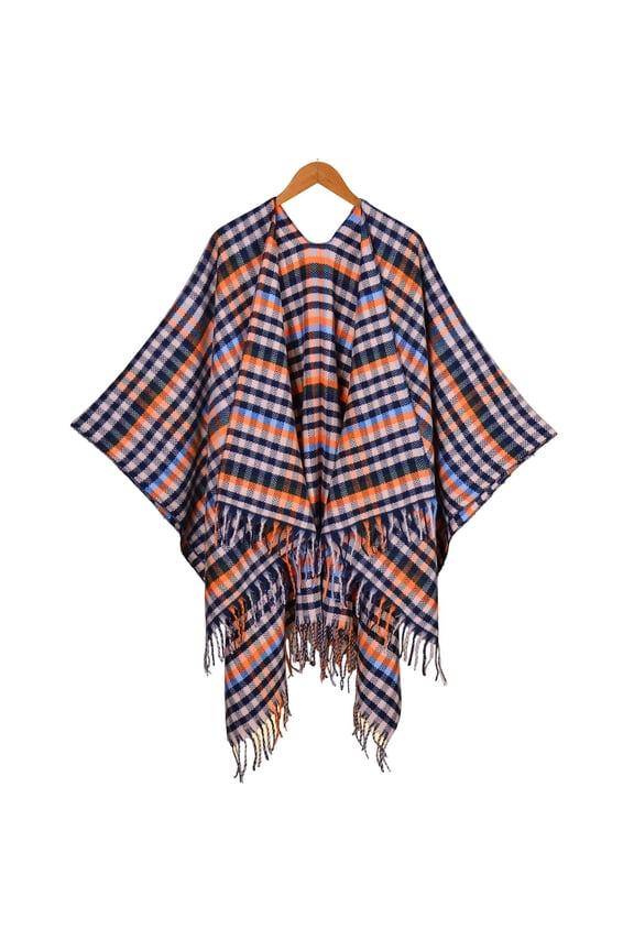 Women’s European & American Style Colorful Fringed Plaid Split Cloak Shawl Fashionable Versatile Open-Front Design Suitable For Daily Wear & Casual Occasions