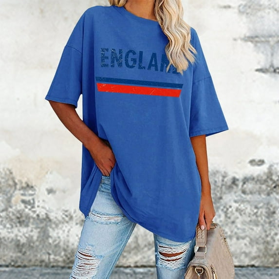 Women's European Cup England Leisure Letter Print Round Neck Short Sleeve Large Loose T Shirt Top Women Casual Shirts Summer T Shirts Solid Colors Women Workout Tops T Shirts Women Casual Shirts