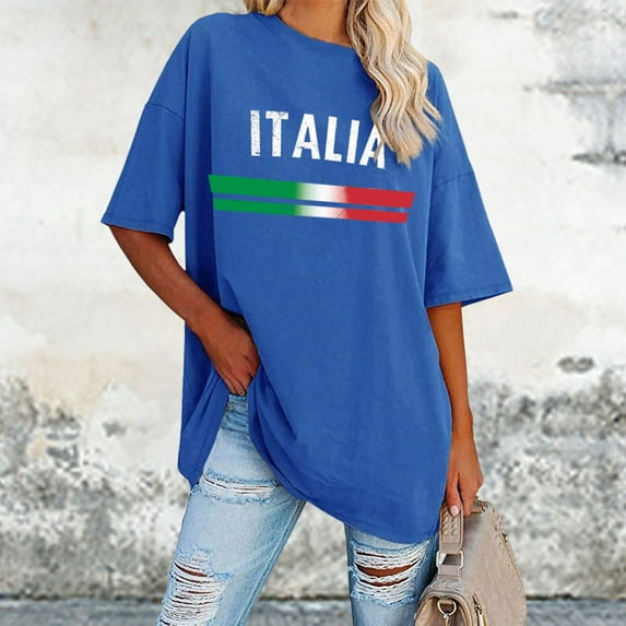 Women's European Cup Italian Casual Letter Print Round Neck Short Sleeved Oversized Loose T Shirt Top Women Loose Tops Summer Womens Casual Tees Compression Shirt Women Neck Long Sleeve Tops for Women