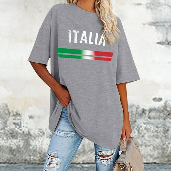 Women's European Cup Italian Casual Letter Print Round Neck Short Sleeved Oversized Loose T Shirt Top Workout Tops for Women Loose Fit Polyester Womens Shirt Womens Neck Tops Long Sleeve Shirt