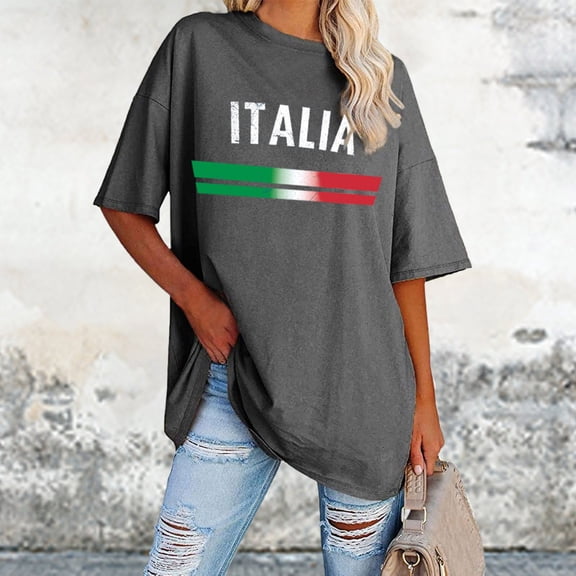 Women's European Cup Italian Casual Letter Print Round Neck Short Sleeved Oversized Loose T Shirt Top Workout Tops for Women Loose Fit Polyester Womens Shirt Womens Neck Tops Long Sleeve Shirt