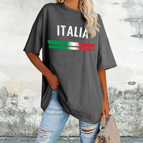 Women's European Cup Italian Casual Letter Print Round Neck Short Sleeved Oversized Loose T Shirt Top Workout Tops for Women Loose Fit Polyester Womens Shirt Womens Neck Tops Long Sleeve Shirt