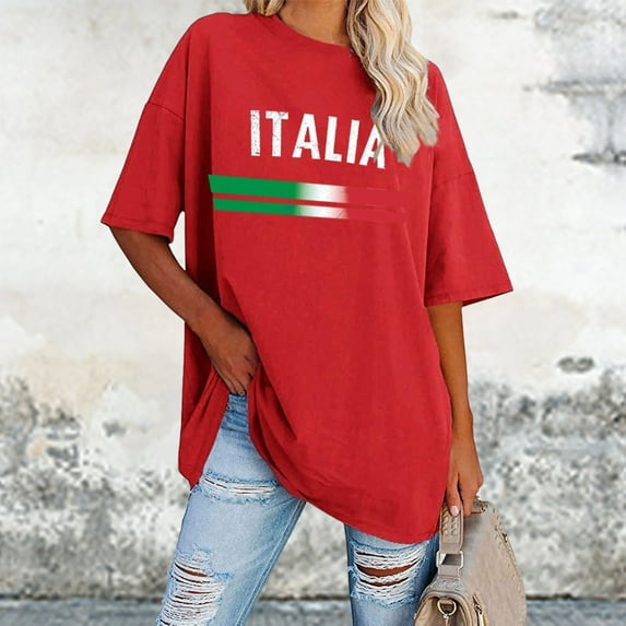 Women's European Cup Italian Casual Letter Print Round Neck Short Sleeved Oversized Loose T Shirt Top Workout Tops for Women Loose Fit Polyester Womens Shirt Womens Neck Tops Long Sleeve Shirt