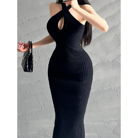 Women's European Style Cross-back Halter Form-fitting Dress Sexy Hollow Out Bodycon Dress 2025 Summer Female Knit Dress