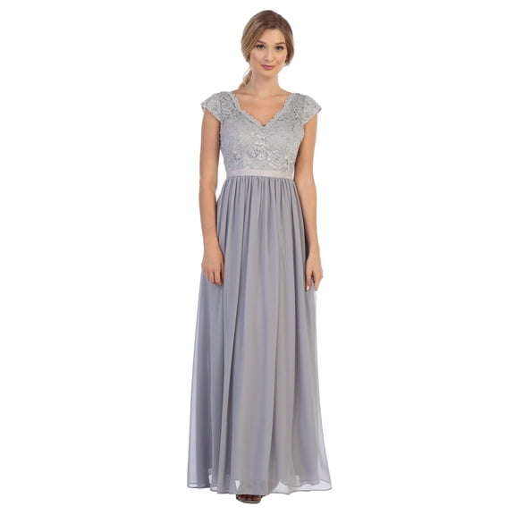 Women's Eva USA 3161 Long Cap Sleeve Mother Of Groom Formal Dress Silver 2XL
