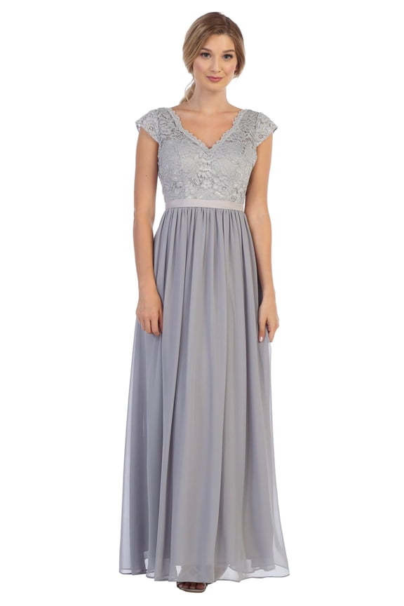 Women's Eva USA 3161 Long Cap Sleeve Mother Of Groom Formal Dress Silver XL