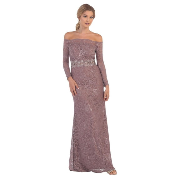 Women's Eva USA 3287 Long Off Shoulder Formal Lace evening elegant Party Dress Mauve XL
