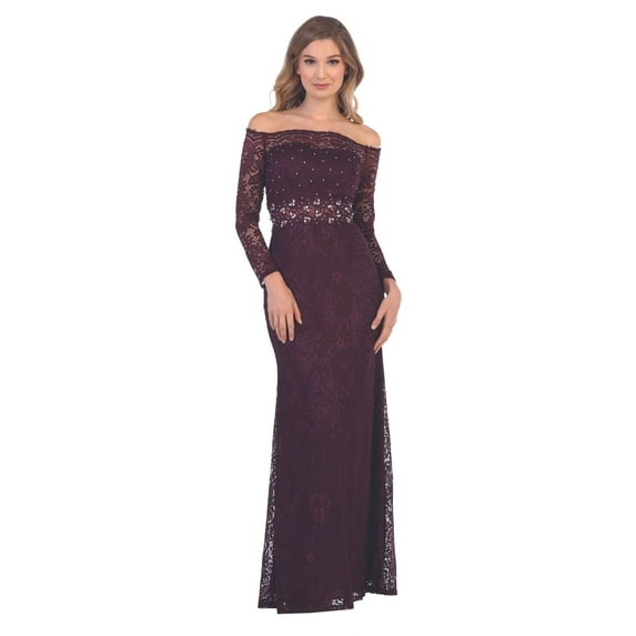 Women's Eva USA 3287 Long Off Shoulder Formal Lace evening elegant Party Dress Plum L