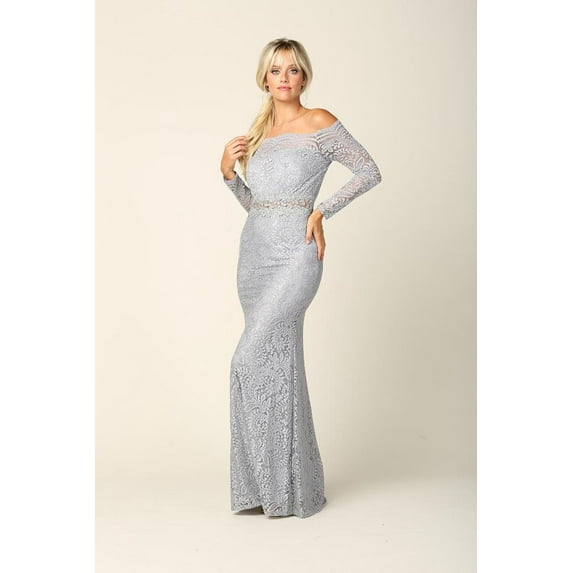 Women's Eva USA 3287 Long Off Shoulder Formal Lace evening elegant Party Dress Silver S
