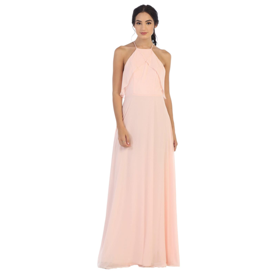 Women's Eva USA 3315 Long Bridesmaids Ruffle Halter Chiffon Dress Blush Pink S