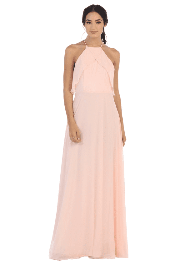 Women's Eva USA 3315 Long Bridesmaids Ruffle Halter Chiffon Dress Blush Pink S