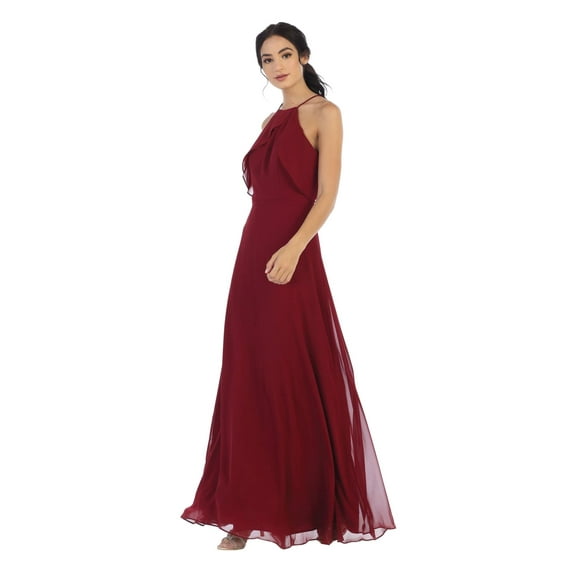Women's Eva USA 3315 Long Bridesmaids Ruffle Halter Chiffon Dress Burgundy S