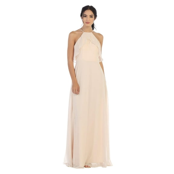 Women's Eva USA 3315 Long Bridesmaids Ruffle Halter Chiffon Dress Champagne Goldish Beige XS