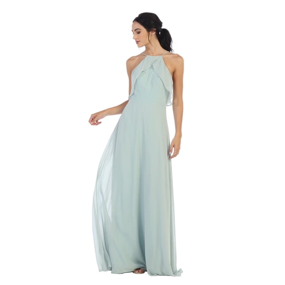 Women's Eva USA 3315 Long Bridesmaids Ruffle Halter Chiffon Dress Sage Green XS