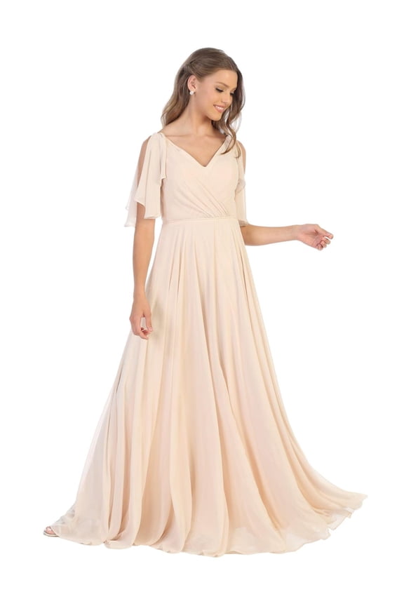Women's Eva USA 3345 Long Formal Flutter Sleeves Bridesmaids Dress Champagne Goldish Beige XL
