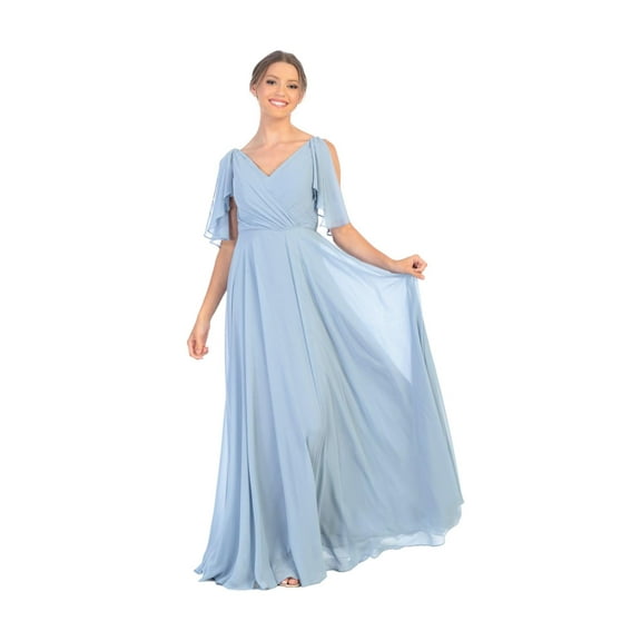 Women's Eva USA 3345 Long Formal Flutter Sleeves Bridesmaids Dress Dusty Blue 4XL
