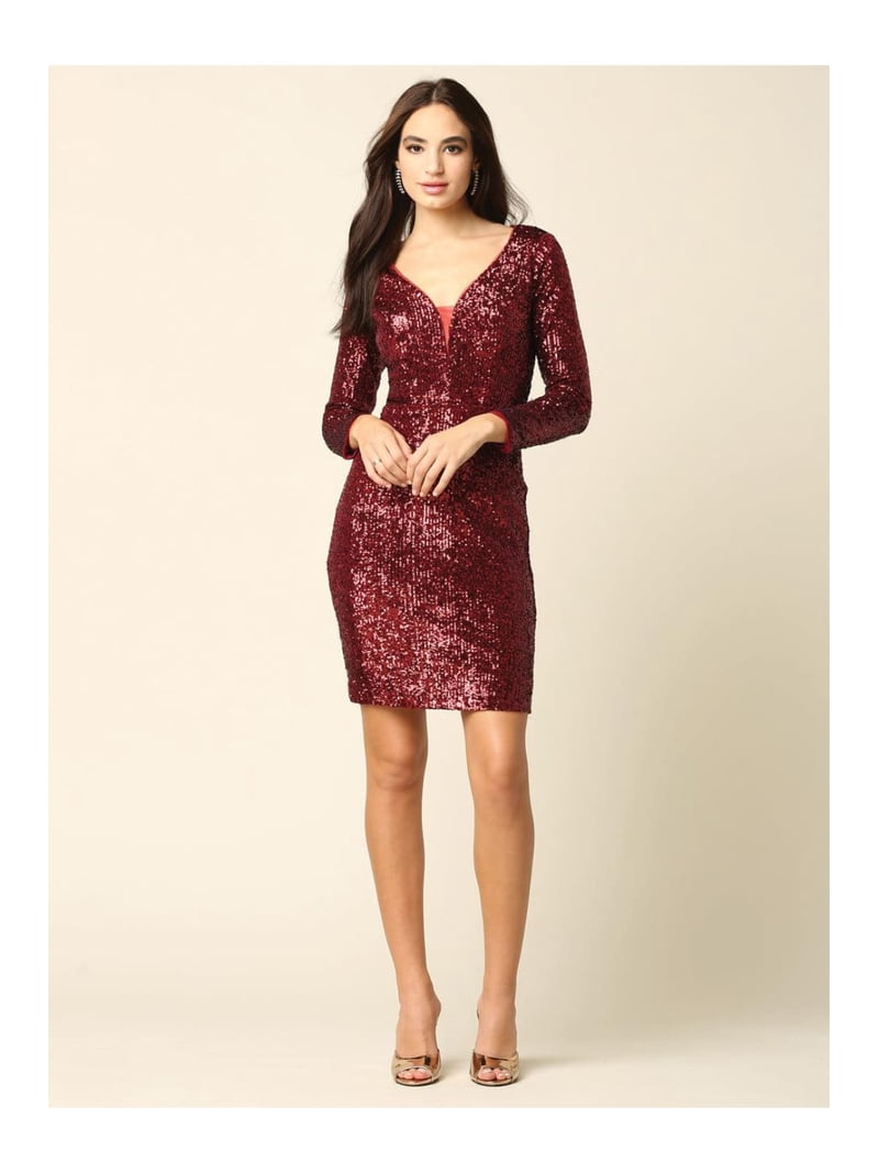 burgundy new years dress Eva USA 3390 Long Sleeve Sequins Short Cocktail Dress