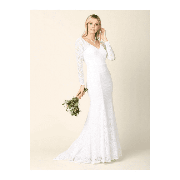 Women's Eva USA 3407 Simple Solid Long Sleeve Lace Wedding Dress-New Collection White 4XL