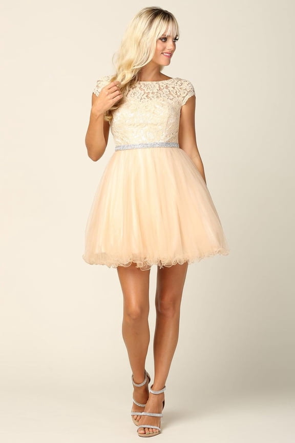 Women's Eva USA 3421 Short Cap Sleeve homecoming party Cocktail Dress Champagne Goldish Beige 2XL hoco 2025