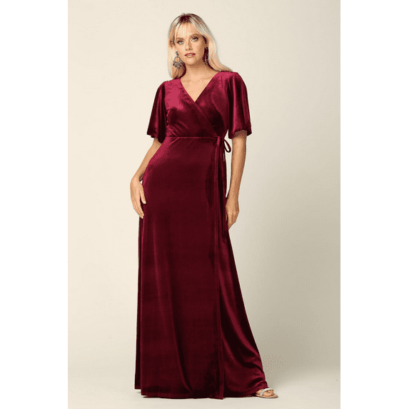Women's Eva USA 3432 Velvet Gown with Flutter Sleeves Burgundy 4XL