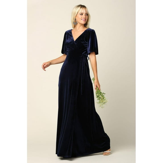 Women's Eva USA 3432 Mother Of Groom Long Flutter Sleeve Velvet Gown Navy Blue 5XL