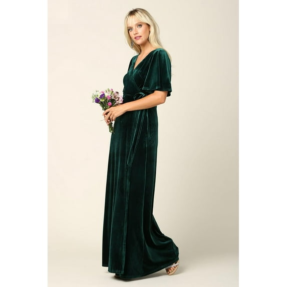 Women's Eva USA 3432 Velvet Gown with Flutter Sleeves Hunter Green S