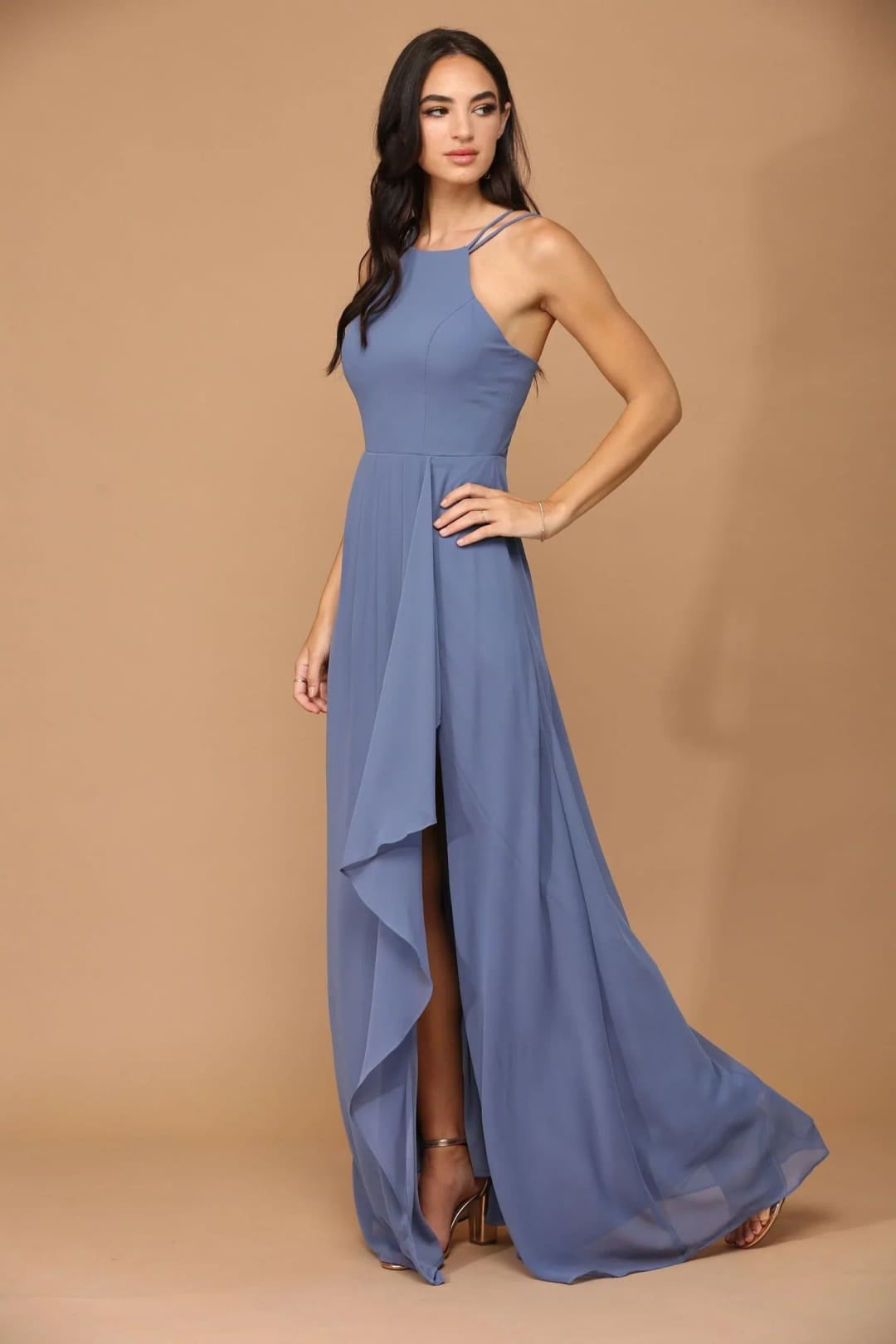 eva usa bridesmaid dresses Women's 3440 Long Halter Formal Chiffon Bridesmaids Dress Slate A dark, muted blue-gray Blue 3XL Color:Mocha/Ivory Chiffon Length D418BCIBLUMTJY A Line Black Prom
