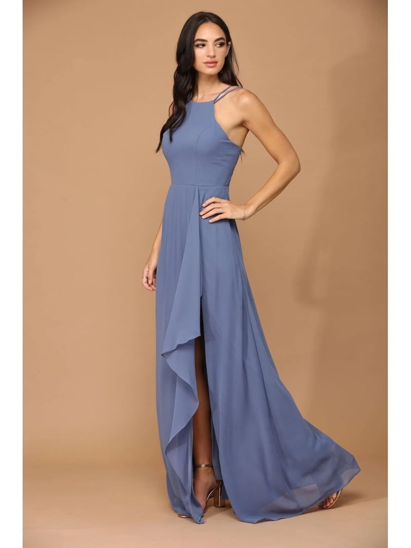 Women's Eva USA 3440 Long Halter Formal Chiffon Bridesmaids Dress Slate A  dark, muted blue-gray Blue 4XL - Walmart.com