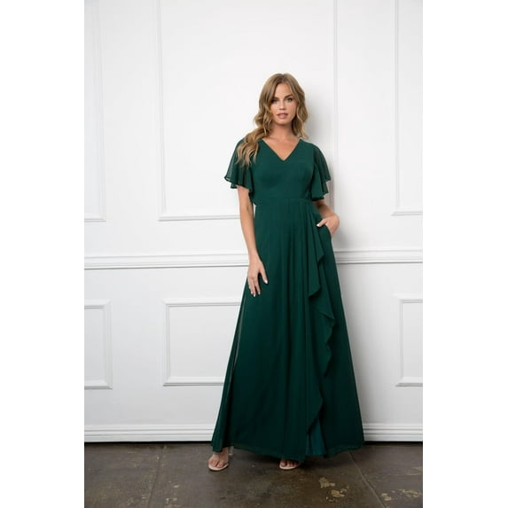 Women's Eva USA 3442 Long Formal Ruffle Sleeve Chiffon evening elegant Dress Hunter Green XL