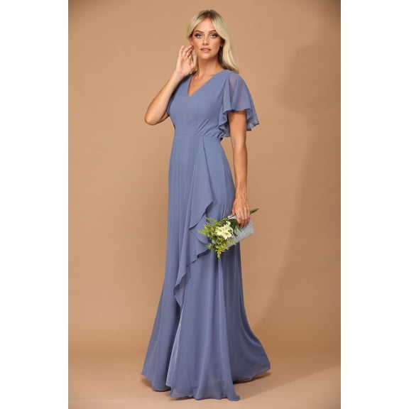 Women's Eva USA 3442 Long Formal Ruffle Sleeve Chiffon evening elegant Dress Slate A dark, muted blue-gray Blue 2XL