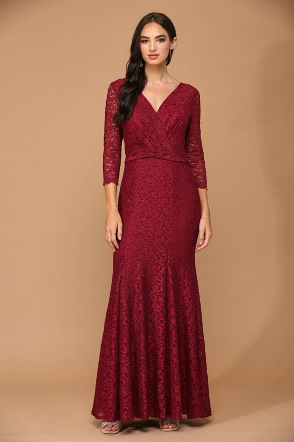 Women's Eva USA 3450 Long 3 4 Sleeve Mother Of Groom Lace Dress Burgundy S