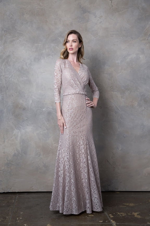 Women's Eva USA 3450 Long 3 4 Sleeve Mother Of Groom Lace Dress Cocoa 5XL