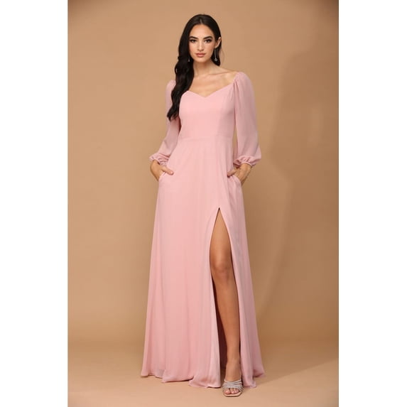 Women's Eva USA 3452 Long Sleeve Formal Chiffon Dress Dusty Rose Pink XL