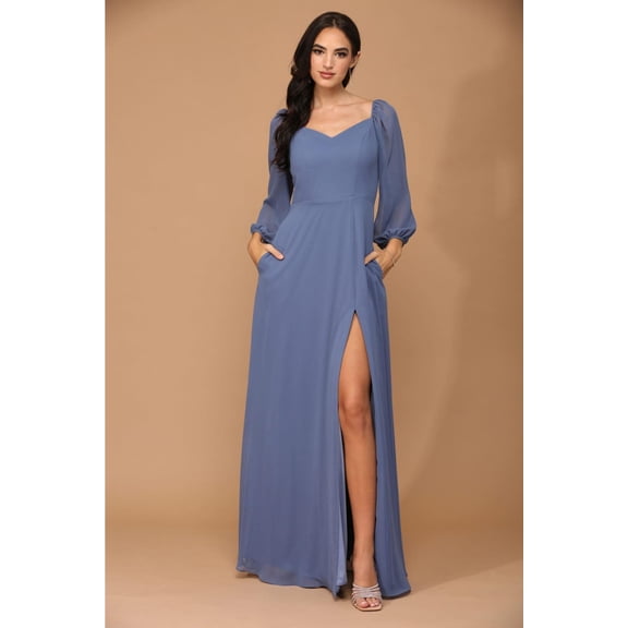 Women's Eva USA 3452 Long Sleeve Formal Chiffon Dress Slate A dark, muted blue-gray Blue S
