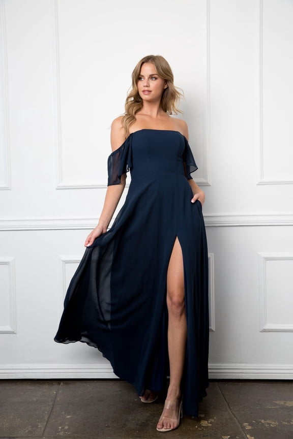 Women's Eva USA 3454 Long Formal Bridesmaids Chiffon evening elegant Gown Navy Blue 2XL