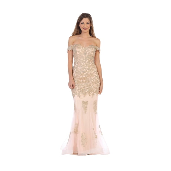 Women's Eva USA 5154 Prom 2026 Long Off Shoulder Fitted Bodycon Formal Dress Champagne Goldish Beige S