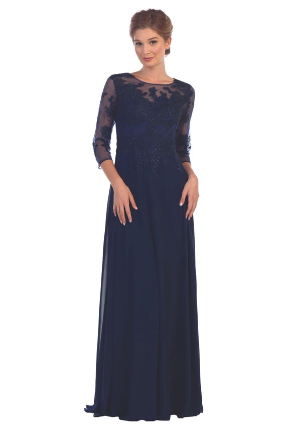 Women's Eva USA 5164 Long Mother Of Groom Chiffon Dress Navy Blue L