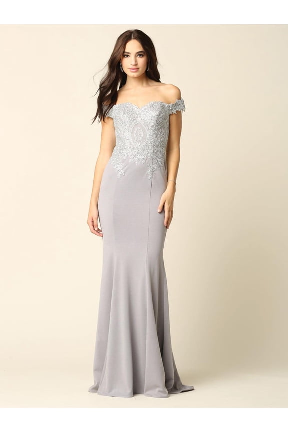 Women's Eva USA 5193 Long Formal Off Shoulder Fitted Bodycon Mermaid Dress Silver S