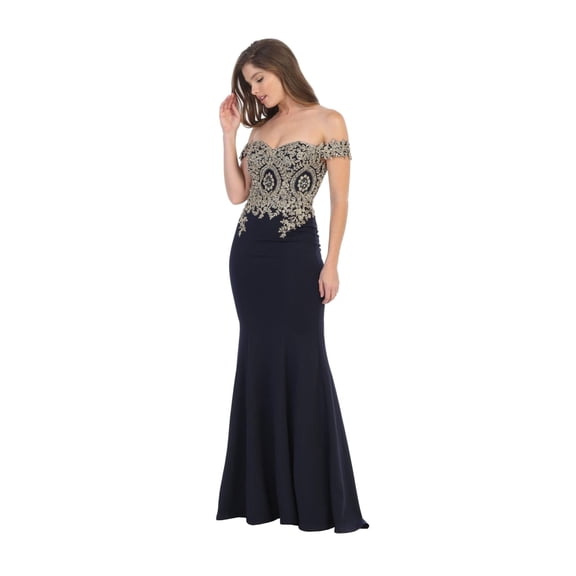 Women's Eva USA 5193 Long Off Shoulder Fitted Bodycon Mermaid Dress Navy Blue XL