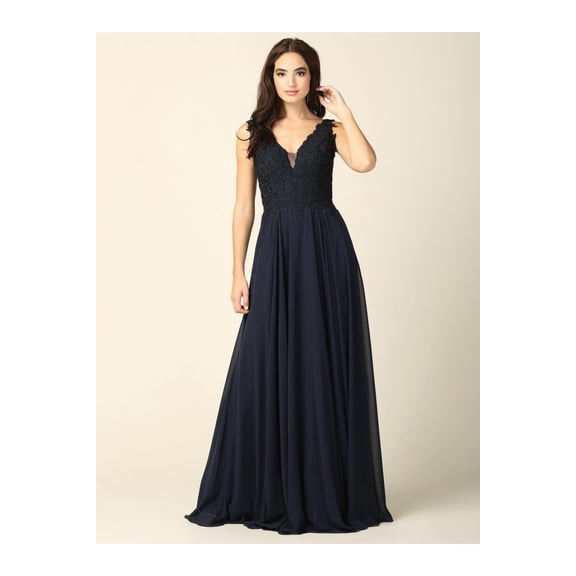 Women's Eva USA 5201 Long Sleeveless Formal evening elegant Dress Navy Blue L