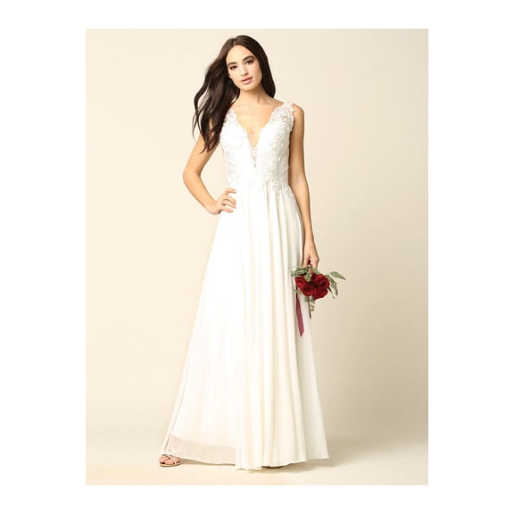 Women's Eva USA 5201 Long Sleeveless Formal evening elegant Dress Off White S