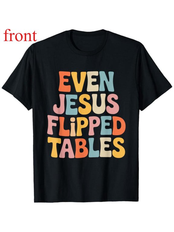 Women's "Even Jesus Flipped Tables" Retro Colorful Graphic Cotton T-Shirt Breathable Short Sleeve Round Neck Top Black S-5XL