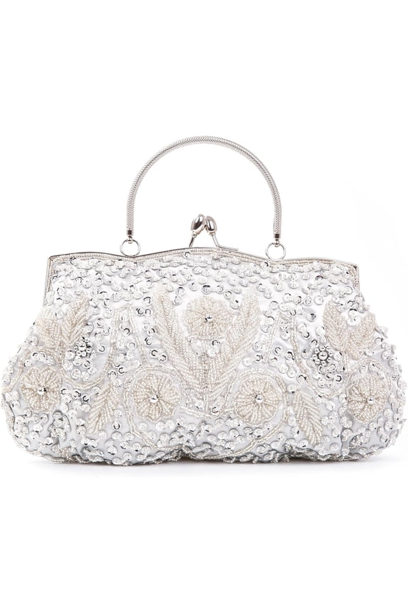 Women's Evening Bag Beaded Sequin Design Metal Frame Kissing Lock Satin Interior Evening Clutch