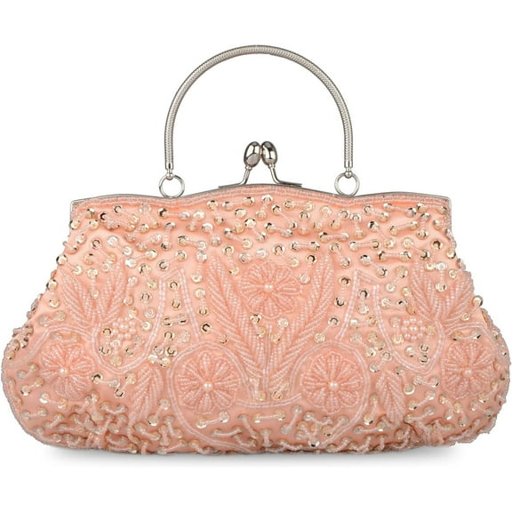 Women's Evening Bag Beaded Sequin Design Metal Frame Kissing Lock Satin Interior Evening Clutch